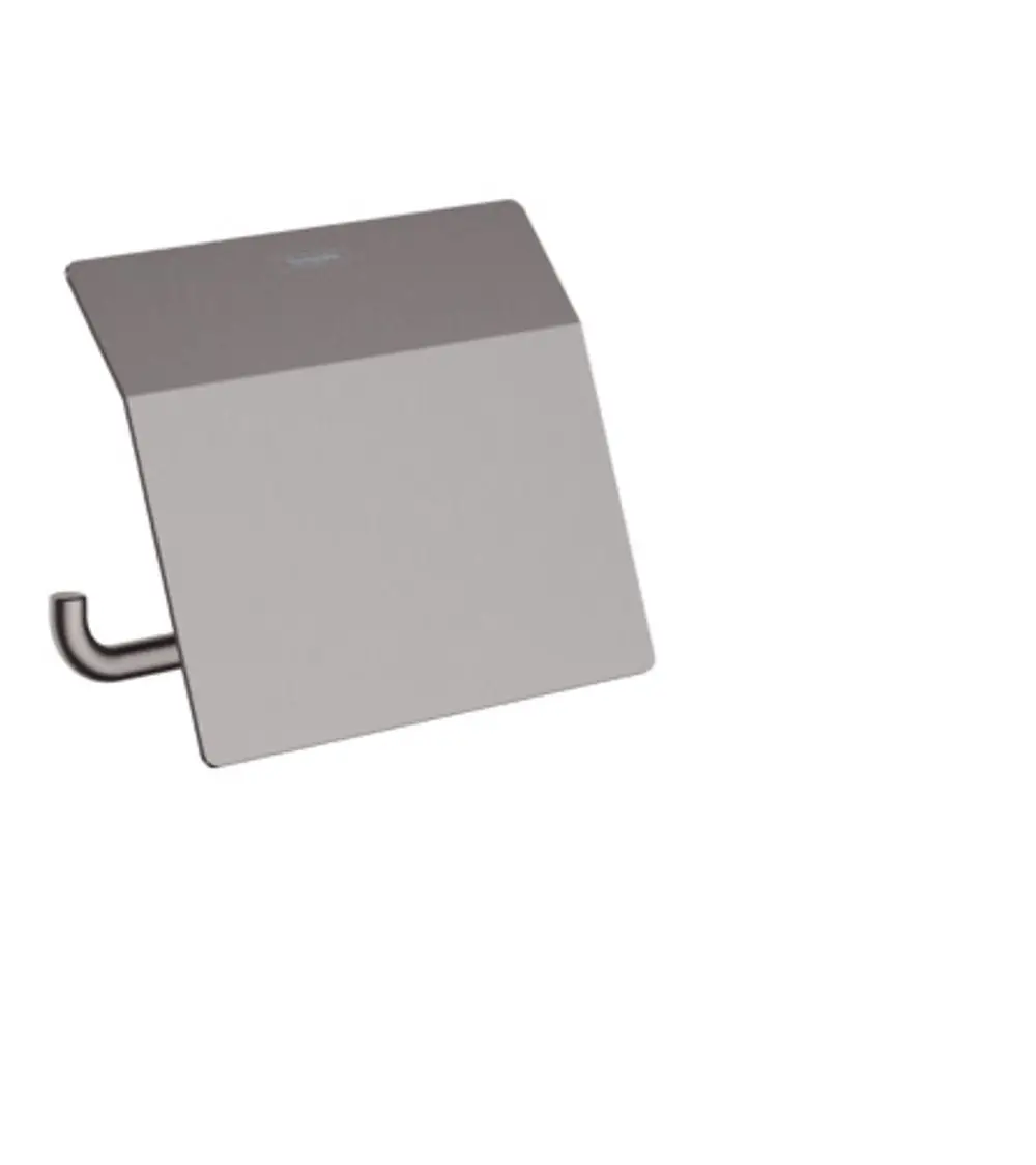 Hansgrohe Toilettenpapierhalter mit Deckel, in brushed schwarz verchromt, wandmontiert mit einem gekrümmten Aufhängungsmechanismus.